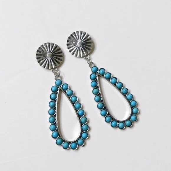 NEW! Turquoise Concho Drop Earrings Western Southwestern Cowgirl Ranch Rodeo - Picture 3 of 7